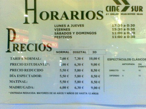 Precio comparado en Cines Málaga Nostrum, formato digital y analógico