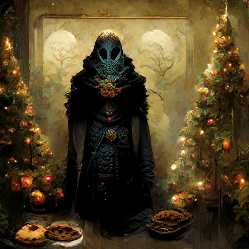 Be'lakor dressed in christmas style holding a tray of cookies direct from oven