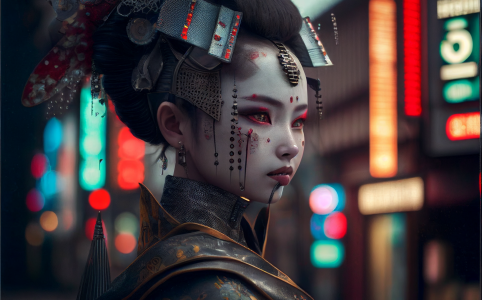 Cyberpunk cyborg geisha in Tokyo