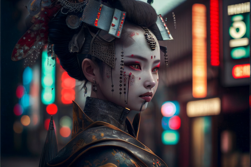Cyberpunk cyborg geisha in Tokyo