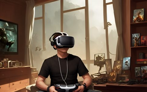 Joven jugando videojuegos con un headset de realidad virtual